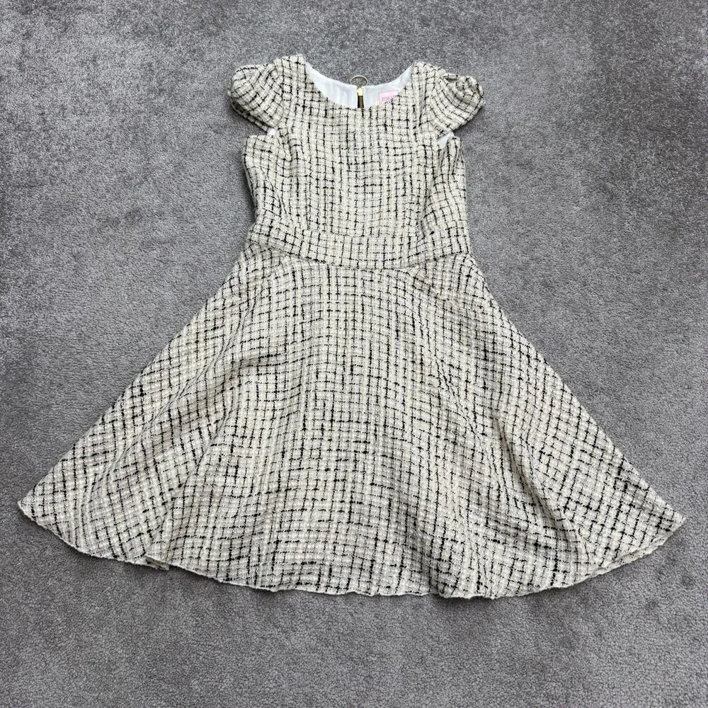Zoe LTD Tweed A-Line Fit & Flare Dress Girls 14 Beige Black Plaid Cap Sleeve